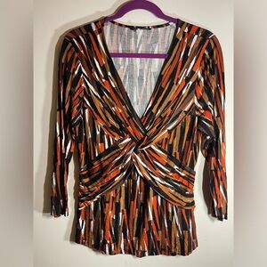 Cable & Gauge V Neck Abstract Top. Orange. Black. Rust. Tan. Cream. Size L. EUC
